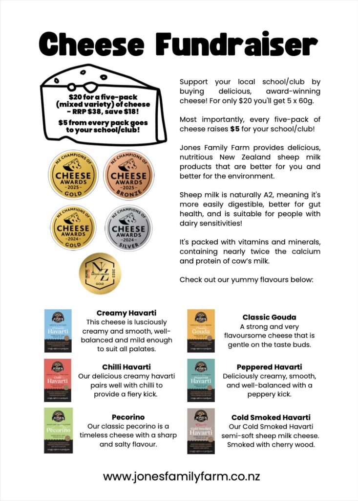 Cheese fundraiser flyer detailing award-winning cheese varieties, fundraising details, cheese descriptions, and website link, with black, yellow, and white color scheme.